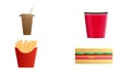 Fast food. Set of cartoon vector food icons isolated on white background. Ketchup, mustard, glass of cola, french fries, hamburger Royalty Free Stock Photo