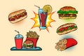 Fast food set collection hot dog Burger Cola French fries drink Royalty Free Stock Photo