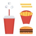 Fast food set, collection isolated on white background. French fries, soda, cheeseburger