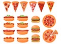 Fast food. A set of different hot dogs, hamburgers and pizza slices. Royalty Free Stock Photo