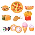 Fast food set for fast food, ice cream, donut, tacos, hamburger, sausage, bun, chicken legs, cupcake, isolated object on Royalty Free Stock Photo