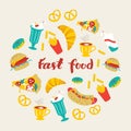 Fast Food Set: Hamburger, Hot Dog, Pizza, Milkshake, French Fries and Donuts.