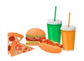 Fast food. A set of hamburger, hot dog, two slices of pizza, and two glasses of soda. Royalty Free Stock Photo