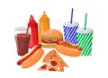 Fast food. A set of hamburger, hot dog, two slices of pizza, and two glasses of soda Royalty Free Stock Photo