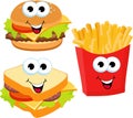 Fast food set hamburger, sandwich and french fries isolated on white background. Fast food smile vector cartoon Royalty Free Stock Photo