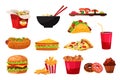 Fast food set, isolated takeaway fastfood collection with burger pizza sandwich hot dog