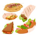 Fast food set, meatballs with vegetables and meat wrapped in tortilla or pita, hot dog