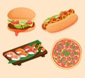 Fast food set. Peperoni pizza, sushi and rolls with shrimp, salmon, tuna, cheeseburger and burger, hot dog with sausage