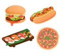 Fast food set. Peperoni pizza, sushi and rolls with shrimp, salmon, tuna, cheeseburger and burger, hot dog with sausage