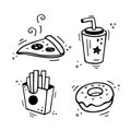 Fast food set - Pizza, French fries, drink, donut. Vector Fast food combination meal. Comic doodle sketch style. Royalty Free Stock Photo