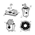 Fast food set - Pizza, French fries, drink, donut. Vector Fast food combination meal. Comic doodle sketch style. Royalty Free Stock Photo