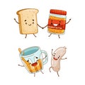 Fast food set. Sandwich and peanut butter, beer and sausage are friends forever cartoon vector illustration