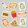 Fast food set sticker for luncheonette menu design. Unhealthy street food patch, hamburger pizza sausage dough sandwich Royalty Free Stock Photo