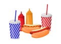 Fast food. Set of two hot dogs, two glasses of soda, ketchup and mustard. Royalty Free Stock Photo