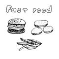 Fast food set, vector illustration, hamburger, french fries and chicken nuggets, sketch Royalty Free Stock Photo