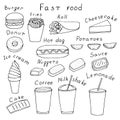 Fast food set vector illustration, hand drawing doodles Royalty Free Stock Photo