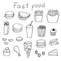 Fast food set vector illustration, hand drawing doodles Royalty Free Stock Photo