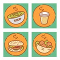 Fast food signs set, flat design. Soup, coffee, hamburger and falafel icons. Vector illustrations Royalty Free Stock Photo