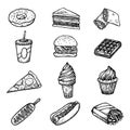 Fast food sketch icons. Donut  piece of layer cake  pizza  sandwich  burger  cola  ice cream Royalty Free Stock Photo