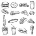 Fast food sketch. Pizza, donut and ice cream, french fries and hamburger. Taco, cola and hot dog, burrito and