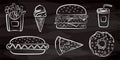 Fast food sketch set on chalkboard. Burger, hamburger, fries and ice cream. Soda, hot dog, pizza and donut. Unhealthy food. Vector