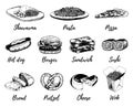 Fast food sketches vector set. Hand drawn international cuisine icons for snack bar menu, street cafe chalkboard etc. Royalty Free Stock Photo