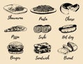 Fast food sketches vector set. Hand drawn international cuisine icons for snack bar menu, street cafe chalkboard etc. Royalty Free Stock Photo