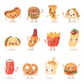 Fast food smile vector cartoon expression characters of hamburger or cheeseburger with fast-food emotion of burger or