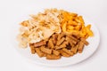 Fast food snacks composition with onion rings, crackers, baked Royalty Free Stock Photo