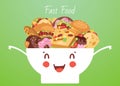 Fast food and snacks in cute funny smiling kawaii bowl vector cartoon illustration. Burger, pizza, popcorn, hot dog and