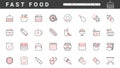 Fast food snacks and drink menu for restaurant or cafe thin red and black line icons set Royalty Free Stock Photo