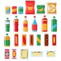 Fast food snacks and drinks flat vector icons. Vending machine products