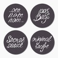 Fast food sticker collection with hand lettering signs om nom, 100 percent beef, secret sauce, original recipe