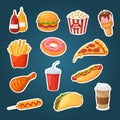 Fast food stickers. Burger, popcorn and fries, hot dog. Ketchup, mustard drinks, chicken and donut, tacos and ice cream