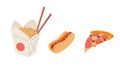 Fast food, street food cartoon doodle vector icon set. Pizza, hotdog, hamburger, french fries, noodles. Dinner