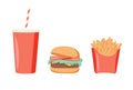 Fast food, street food doodle cartoon vector icon set. Cola, hamburger, scrambled eggs, brocheta, fried fish, tacos Royalty Free Stock Photo