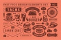 Fast food and street signs and symbols with retro typographic design elements vector set for restaurant menu decoration