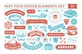 Fast food and street signs and symbols with retro typographic design elements vector set for restaurant menu decoration Royalty Free Stock Photo