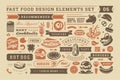 Fast food and street signs and symbols with retro typographic design elements vector set for restaurant menu decoration Royalty Free Stock Photo