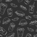 fast food, takeaway food seamless pattern. Hand-drawn vector doodle burger,sushi,coffee,rolls. Lines art menu cafes and
