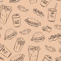 fast food, takeaway food seamless pattern. Hand-drawn vector doodle burger,sushi,coffee,rolls. Lines art menu cafes and