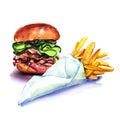 Fast food, tasty burger, hamburger, and french fries, fried potatoes, in paper bag, isolated, watercolor illustration