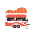 Fast Food Trailer with Seller, Street Food Transport, Mobile Shop Vector Illustration