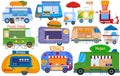 Fast food truck, isolated on white set, vector illustration. Foodtruck transportation, delivery van with taco, coffee Royalty Free Stock Photo