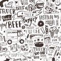 Fast food truck Seamless pattern with lettering and doodle items. Vector festival background for menu, wrapping. Royalty Free Stock Photo