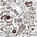 Fast food truck Seamless pattern with lettering and doodle items. Vector festival background for menu, wrapping.