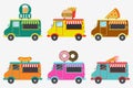 Fast Food trucks. Set of street shops on van - Beer, Donut, Burger and French fries, Hot Dog, Ice Cream, Pizza. Vector. Royalty Free Stock Photo