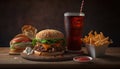 fast food and unhealthy eating concept - close up of fast food snacks and cola drink on wooden table. Generative ai