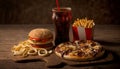 fast food and unhealthy eating concept - close up of fast food snacks and cola drink on wooden table. Generative ai