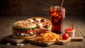 fast food and unhealthy eating concept - close up of fast food snacks and cola drink on wooden table. Generative ai